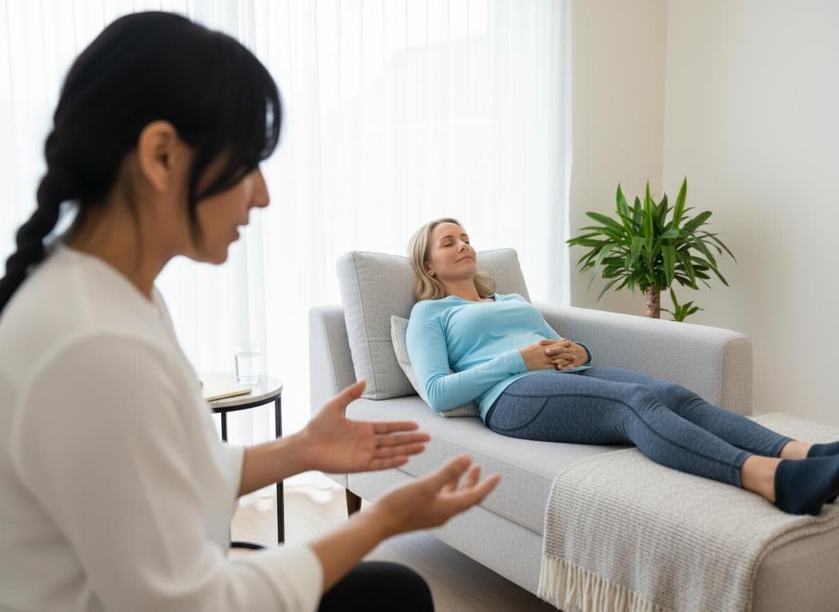 woman laying on a sofa having a hypnotherapy session